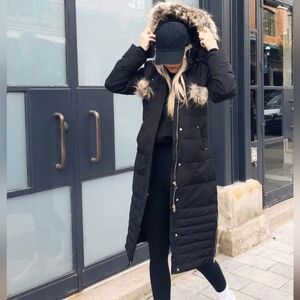 REVAMPED Women's Black Extra Warm Longline Faux Fur Down/Feather Puffer Coat